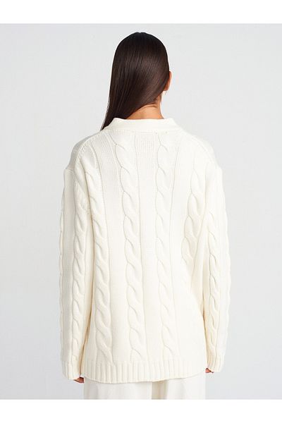 Dilvin 60266 V-Neck - Ecru Knitwear Cardigan with Hair Braid Detail