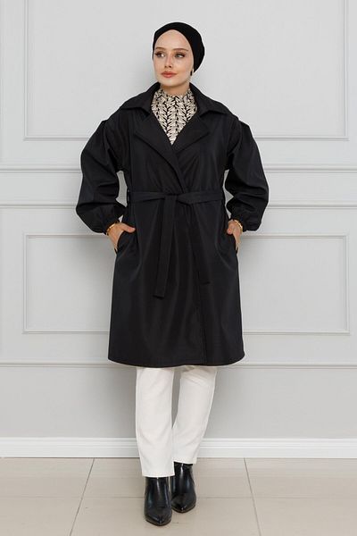 Sevitli Black Double-Breasted Collar and Elastic Sleeve Trench Coat