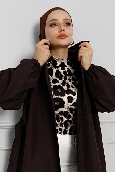 Sevitli Kruvaze Yaka Kolu Lastikli Trençkot-Acı Kahve