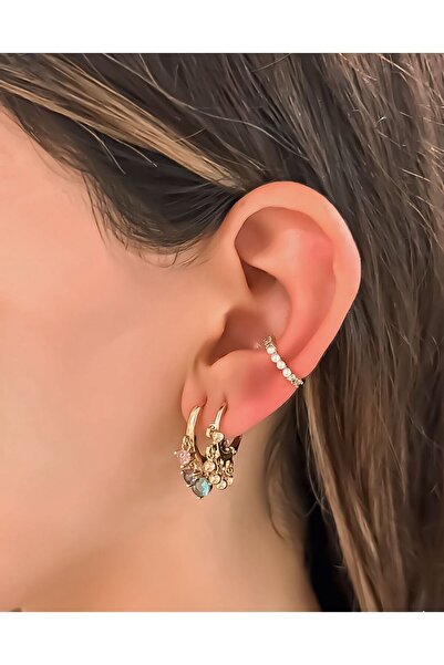 MELLS TAKI ÜÇLÜ KIKIRDAKLI RENKLİ TAŞ DORİKA TASARIM GOLD KÜPE 316L PASLANMAZ...