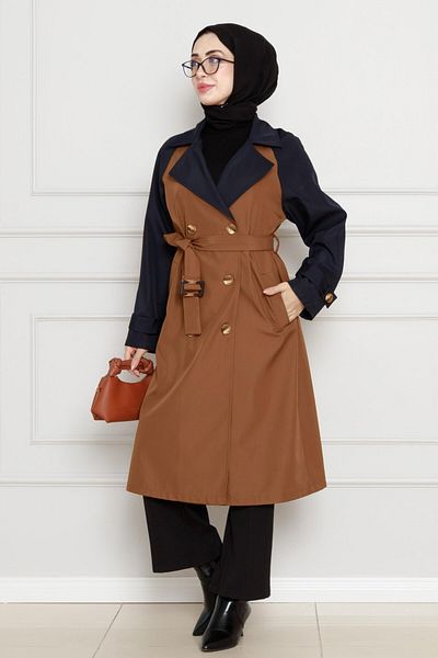 Sevitli Two-Color Belted Trench Coat-Tan