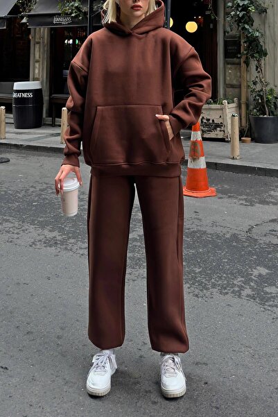 Swist Brown Felpa Hooded Sweatshirt-Sweatpants with Ribbon Inside Women's Tracksuit Set