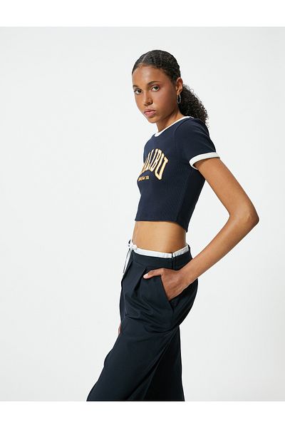 Koton College Printed Cotton Slim Fit Crop T-Shirt - Short Sleeve, Crew Neck