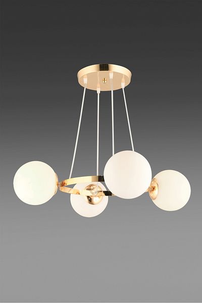 SONSUZ AYDINLATMA&AVİZE Queen Gold 4-Piece Ring White Globe Glass Modern Chandelier