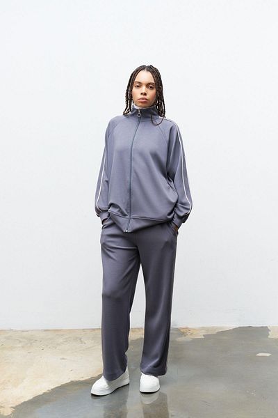 Basicpark Smoked Women's Sleeve Top and Trousers Side Stripe Detailed Zippered Stand Collar Modal Bottom Iron Set