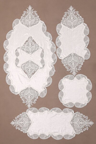 bursa çeyiz Velvet 5 Piece Modern Embroidered Living Room Set - Ecru