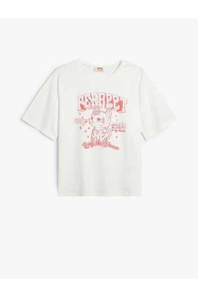Koton Cotton Cat Printed Short Sleeve T-Shirt - Crew Neck