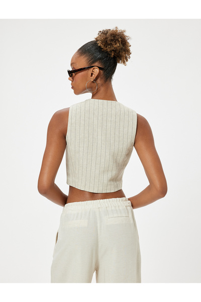 Koton Crop γιλέκο λινό αμάνικο με λαιμόκοψη με κουμπιά Slim Fit