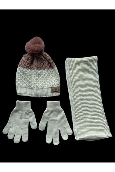 Kitti 9-15 Years Old Girl's Beanie Inside Fleece Outside Acrylic Pompom Scarf Beanie Gloves Set of 3 Cream Brown