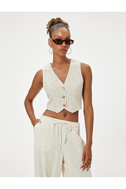 Koton Crop γιλέκο λινό αμάνικο με λαιμόκοψη με κουμπιά Slim Fit