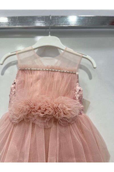 ugurbocegicocukdunyası uğurböceğiçocuk 4407 Βραδινό φόρεμα για κορίτσια με λεπτομέρεια με πούλιες και πομπόν στη μέση