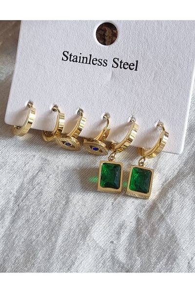 Brassito Green Stone 6-Piece Women's Steel Earrings - Dangle Gold Color, 316L Non-Tarnish