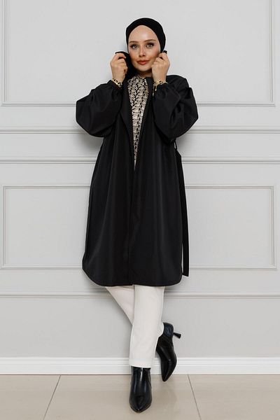 Sevitli Black Double-Breasted Collar and Elastic Sleeve Trench Coat