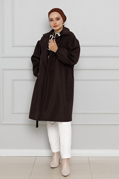 Sevitli Kruvaze Yaka Kolu Lastikli Trençkot-Acı Kahve
