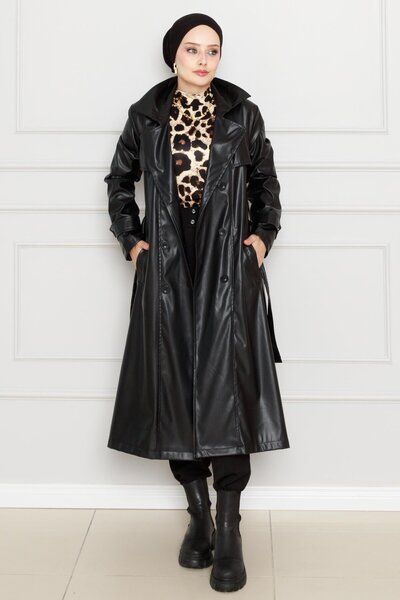 Sevitli Μαύρη δερμάτινη καμπαρντίνα με ζώνη