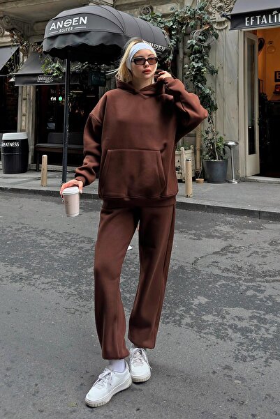 Swist Brown Felpa Hooded Sweatshirt-Sweatpants with Ribbon Inside Women's Tracksuit Set