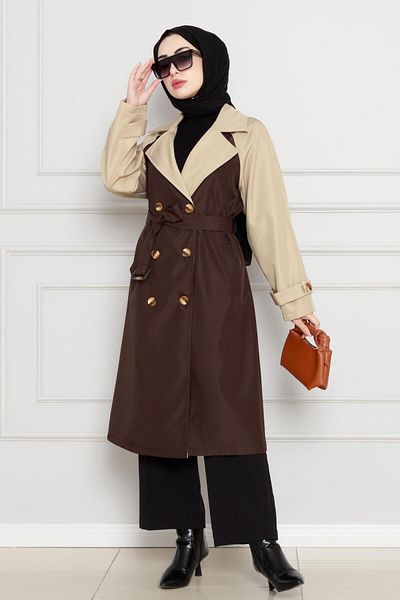 Sevitli Brown Two-Color Belted Trench Coat