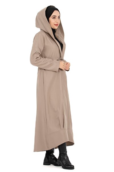 Sevitli Kapşonlu Eteği Volanlı Trençkot-vizon