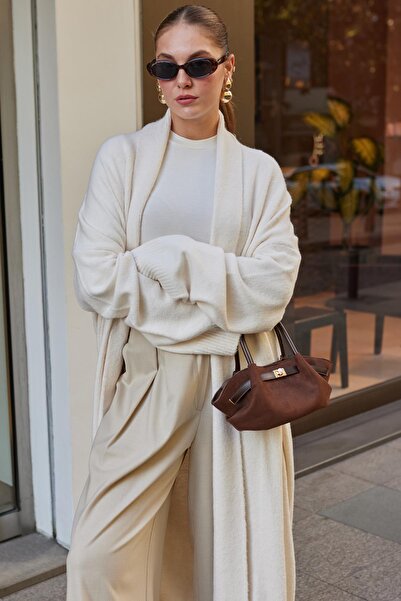 ikomteks Cream Shawl Collar Long Cardigan