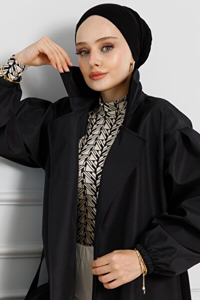 Sevitli Kruvaze Yaka Kolu Lastikli Trençkot-Siyah