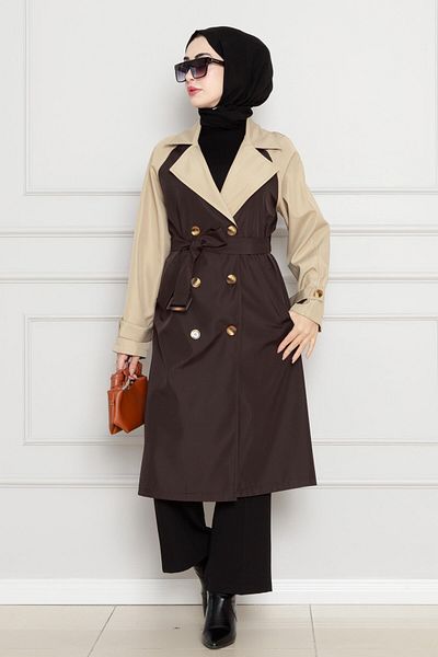 Sevitli Brown Two-Color Belted Trench Coat