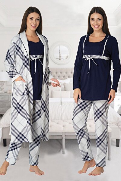 Pelin Women's Navy Blue Long Sleeve Maternity Maternity 3-Piece Pajamas Set