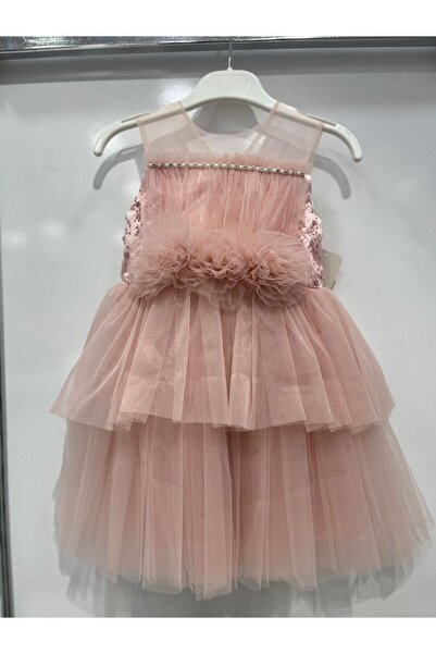 ugurbocegicocukdunyası uğurböceğiçocuk 4407 Βραδινό φόρεμα για κορίτσια με λεπτομέρεια με πούλιες και πομπόν στη μέση