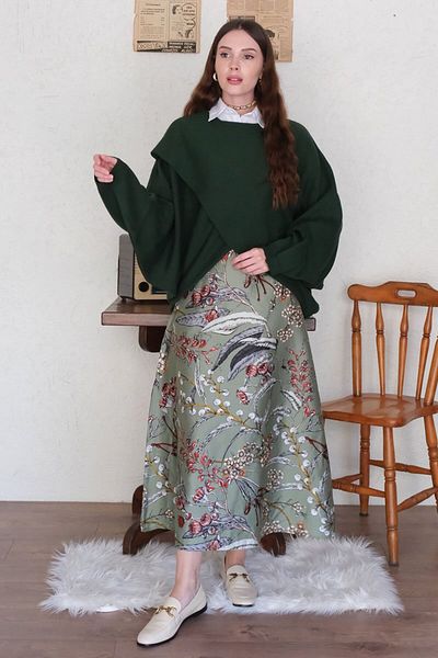 Ceylan Otantik Green Patterned Cotton Satin Flared Skirt