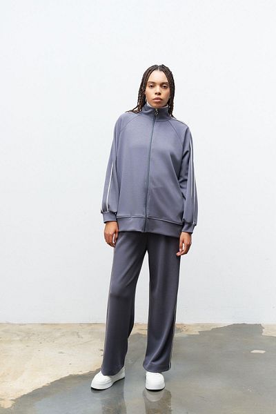 Basicpark Smoked Women's Sleeve Top and Trousers Side Stripe Detailed Zippered Stand Collar Modal Bottom Iron Set