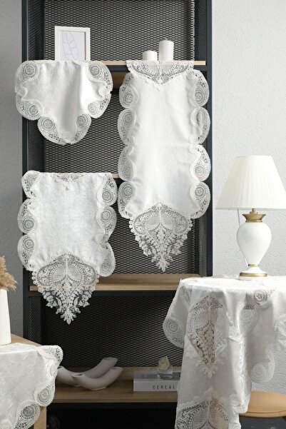 bursa çeyiz Velvet 5 Piece Modern Embroidered Living Room Set - Ecru