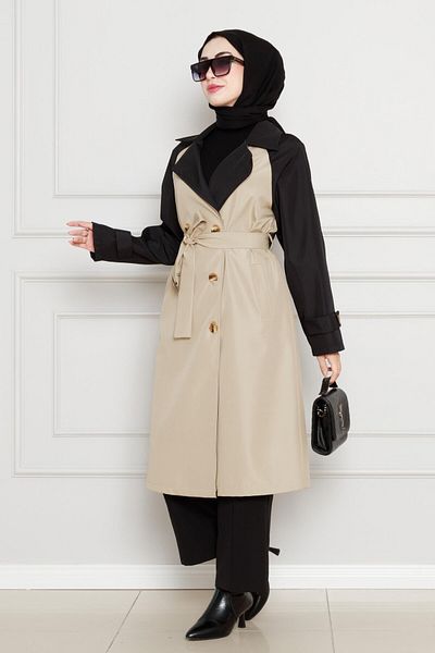 Sevitli Beige Colored Two Belted Trench Coat