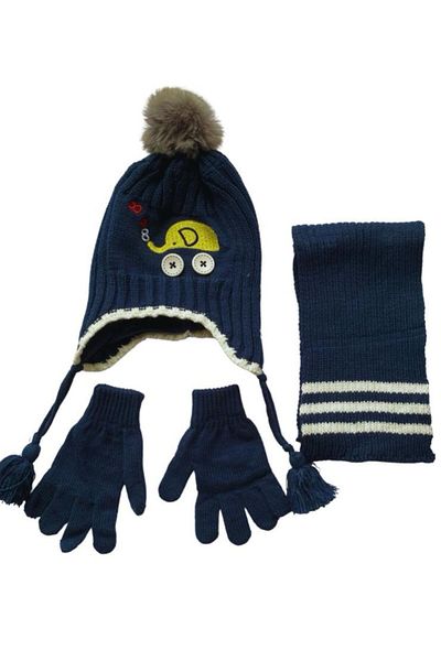 Kitti 4-8 Years Old Boy's Navy Blue 3-Piece Set - Fleece Beanie, Acrylic Scarf, Gloves