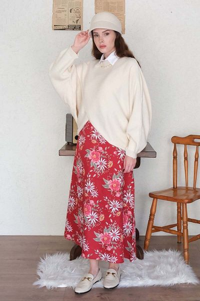 Ceylan Otantik Red Floral Cotton Satin Flared Skirt