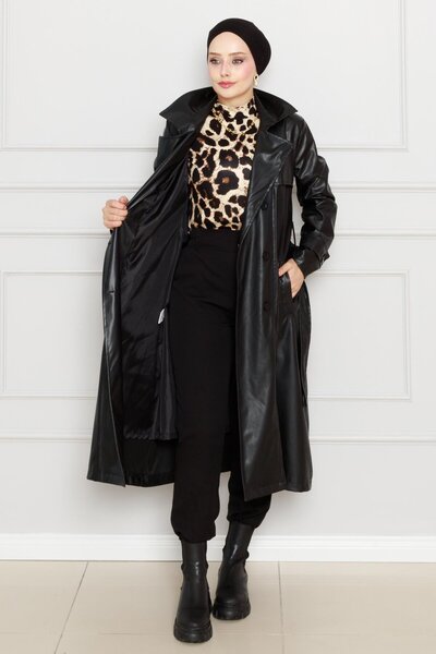 Sevitli Μαύρη δερμάτινη καμπαρντίνα με ζώνη