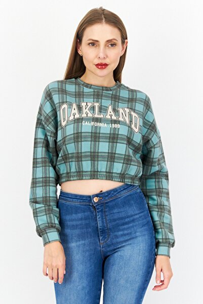 Don't Call Me Jennyfer Women Crew Neck Checkered Cropped Sweatshirts, Green C...