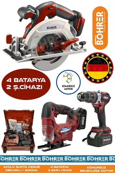 BÖHRER 3 LÜ AKÜLÜ KIRMIZI DEKUPAJ TESTERE, 185MM AKÜLÜ SUNTA KESME VE AKÜLÜ 1...