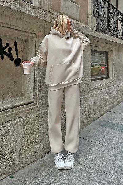Swist Beige Felpa Kapuzen-Sweatshirt-Trainingsanzug Damen-Trainingsanzug-Set