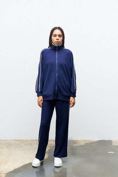 Basicpark Navy Blue Women's Sleeve Top and Trousers Side Stripe Detailed Zippered Stand Collar Modal Bottom Iron Set