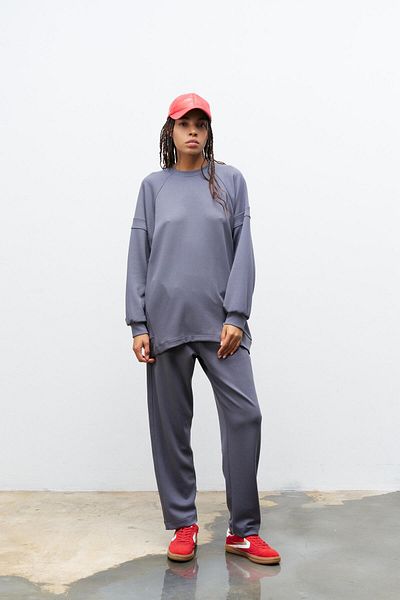 Basicpark Smoked Anti-Sweat Ornamental Label Detailed Top and Waist Elastic Trousers Modal Set