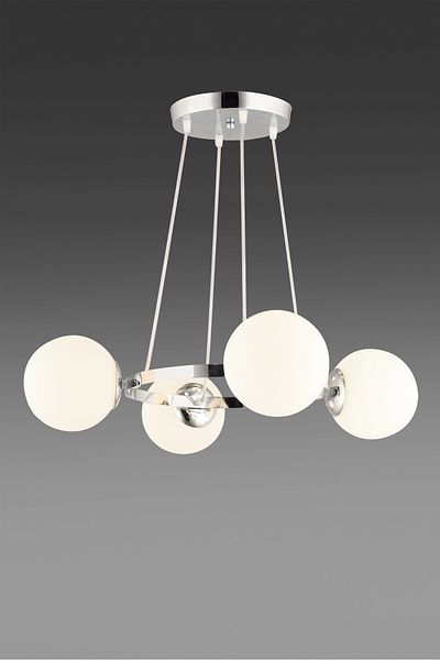 SONSUZ AYDINLATMA&AVİZE Queen Chrome 4-Piece Ring White Globe Glass Modern Chandelier
