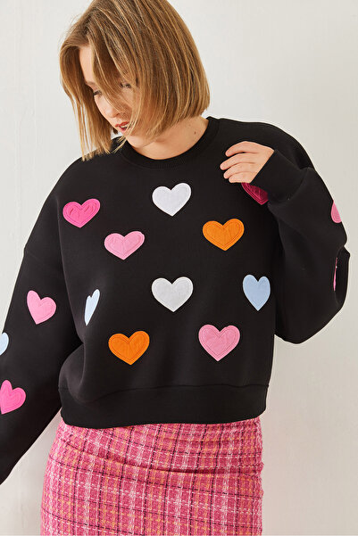 Bianco Lucci Kadın Kalp Nakışlı Üç İplik Şardonlu Sweatshirt 6458 60251955