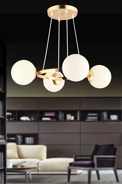 SONSUZ AYDINLATMA&AVİZE Queen Gold 4-Piece Ring White Globe Glass Modern Chandelier
