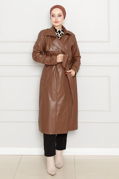 Sevitli Belted Leather Trench Coat-Tan