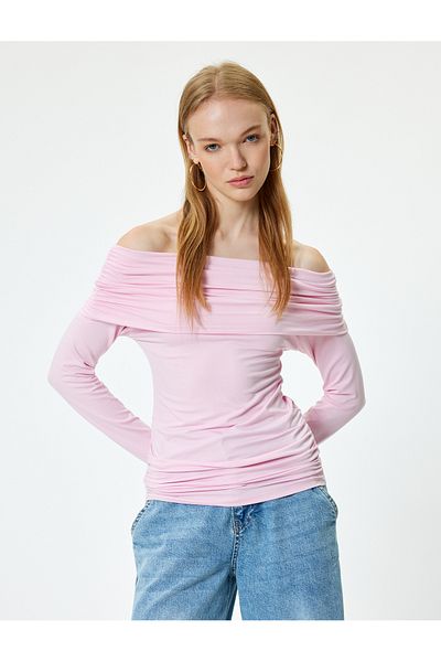 Koton Long Sleeve Off-The-Shoulder Body Madonna Collar Draped Slim Fit