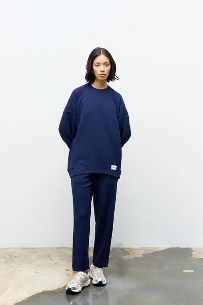 Basicpark Navy Blue Anti-Sweat Ornamental Label Detailed Top and Waist Elastic Trousers Modal Set
