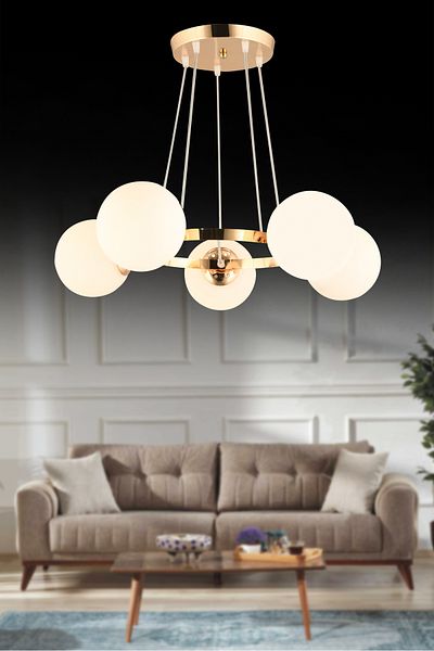 SONSUZ AYDINLATMA&AVİZE Endless Gold 5-Piece Ring White Globe Glass Modern Chandelier