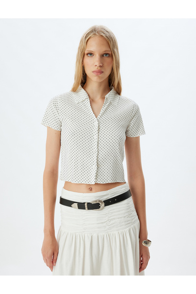 Koton Polka Dot Shirt Collar Crop T-Shirt - Buttoned, Short Sleeve