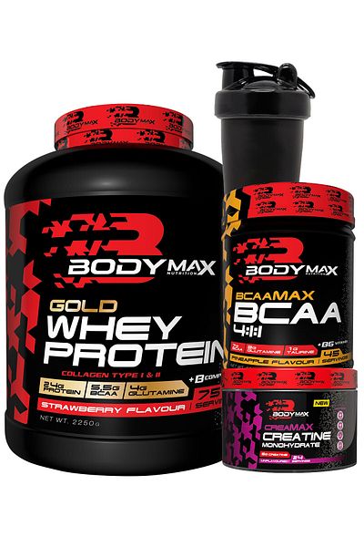 BODYMAX Gold Whey Protein 2250g - Strawberry Powder + Bcaamax Bcaa 585g - Pineapple + Creamax Creatine 120g + Shaker
