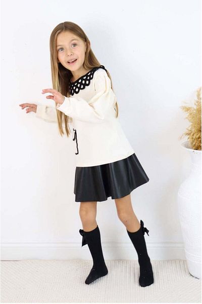 MİNİKO KİDS Girl's Collar Modeled Pocketed Leather Skirt Set