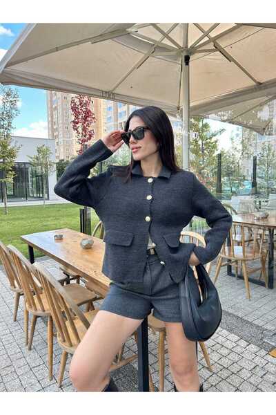 Puella Women's Gold Button Pocket Detailed Blazer Crop Jacket Women's Cardigan